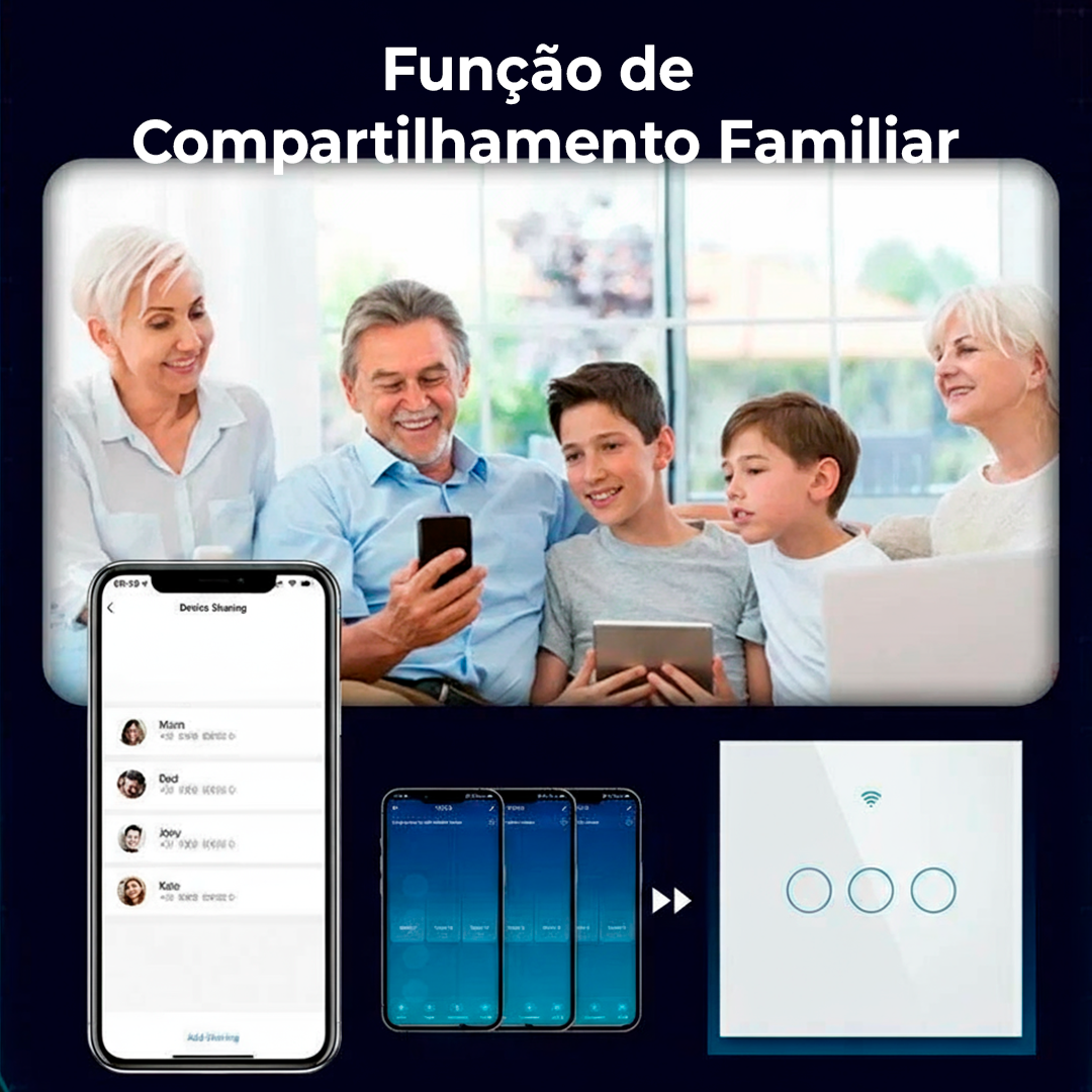 Família compartilhando controle de interruptor inteligente via aplicativo Smart Life em smartphones e tablets