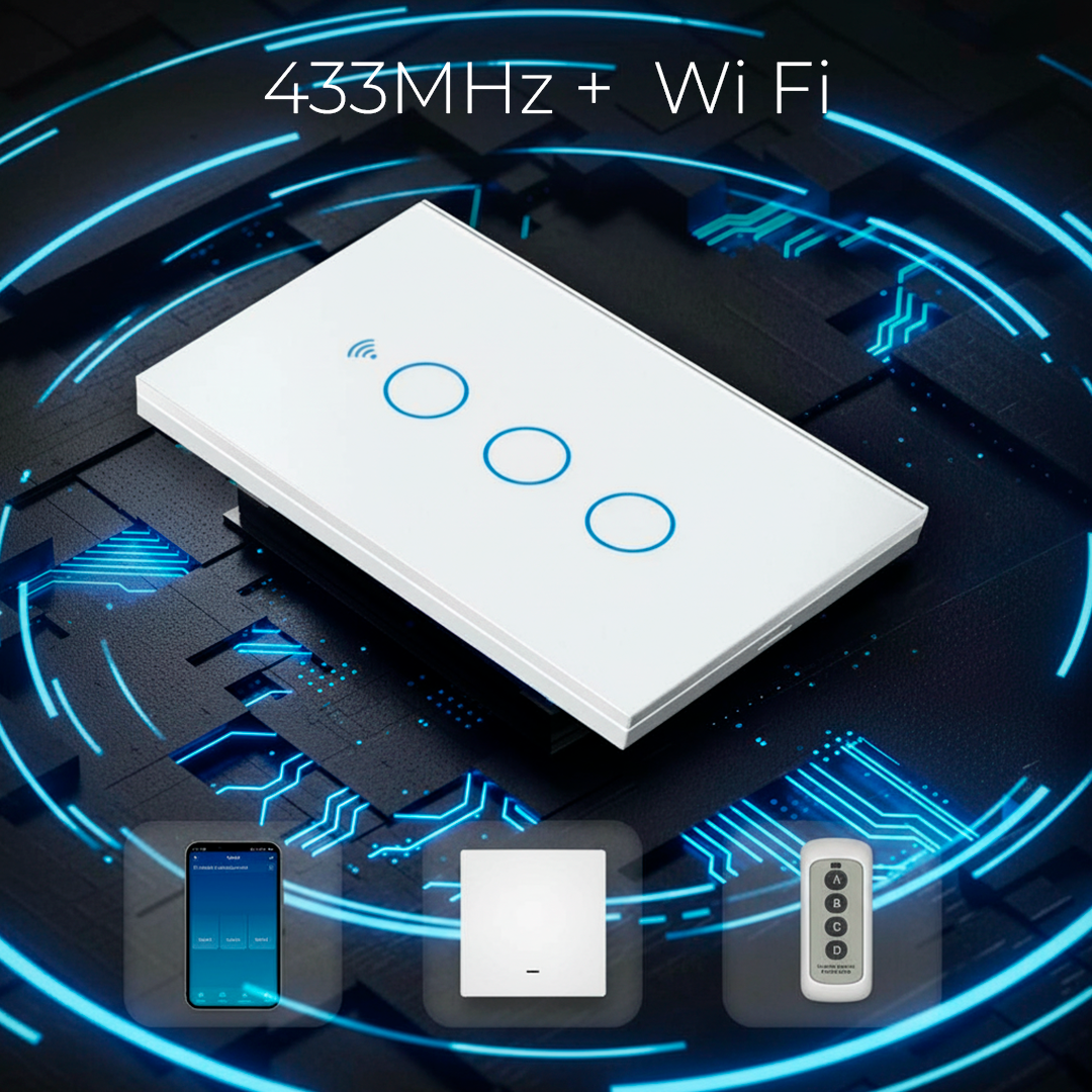 Interruptor Wi-Fi com suporte a 433MHz mostrando compatibilidade com app, controle remoto e assistentes de voz
