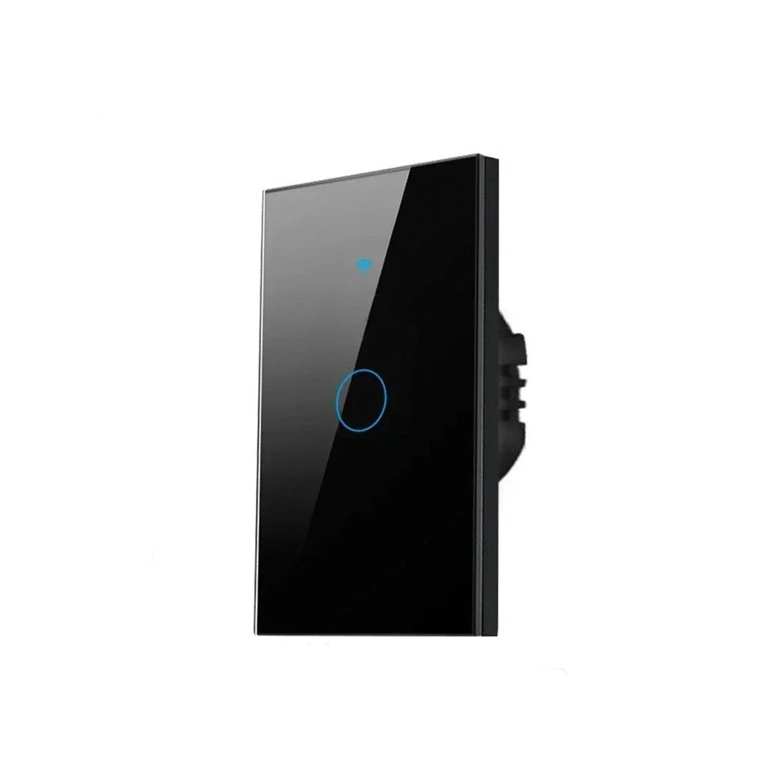 Interruptor inteligente Wi-Fi preto sem neutro com botão sensível ao toque e painel de vidro temperado