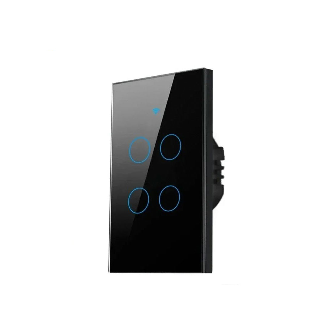 Painel frontal do interruptor inteligente Wi-Fi com quatro botões de acionamento destacados em azul