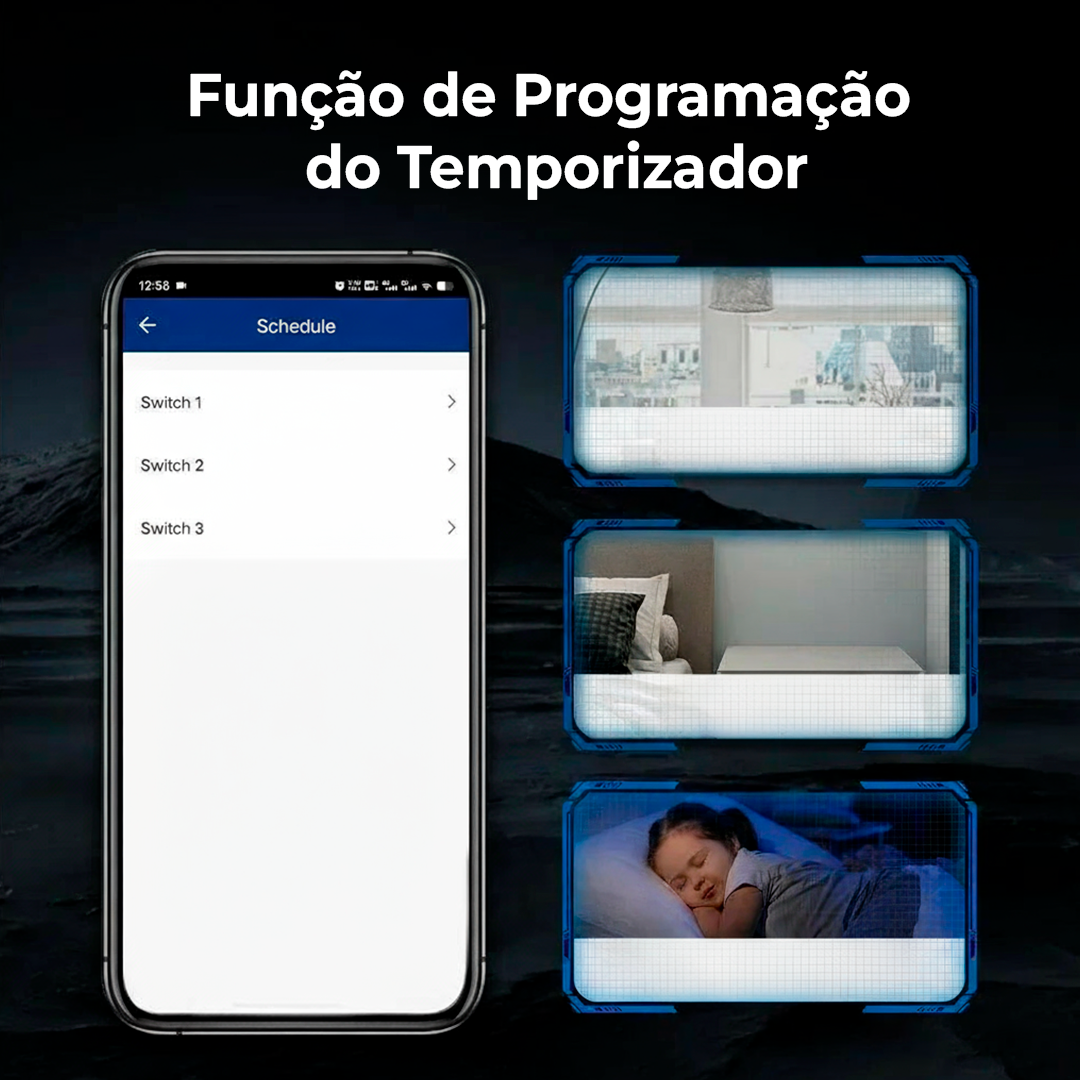 Função de programação do temporizador do interruptor inteligente permitindo agendamento automático de cenários para iluminação