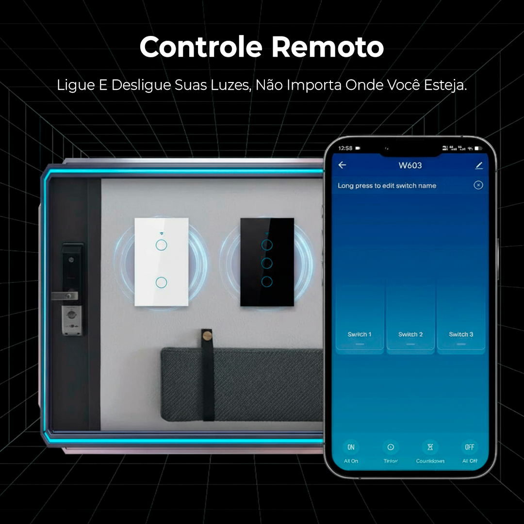 Aplicativo de controle remoto do interruptor inteligente Wi-Fi mostrando interface de gerenciamento de múltiplos switches